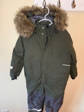 Olive Green Kids One-Piece Snowsuit with Faux-Fur Hood